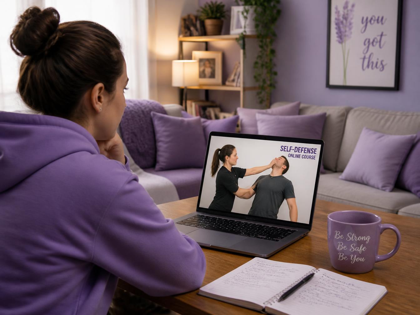 Woman taking an online self-defense course on a laptop